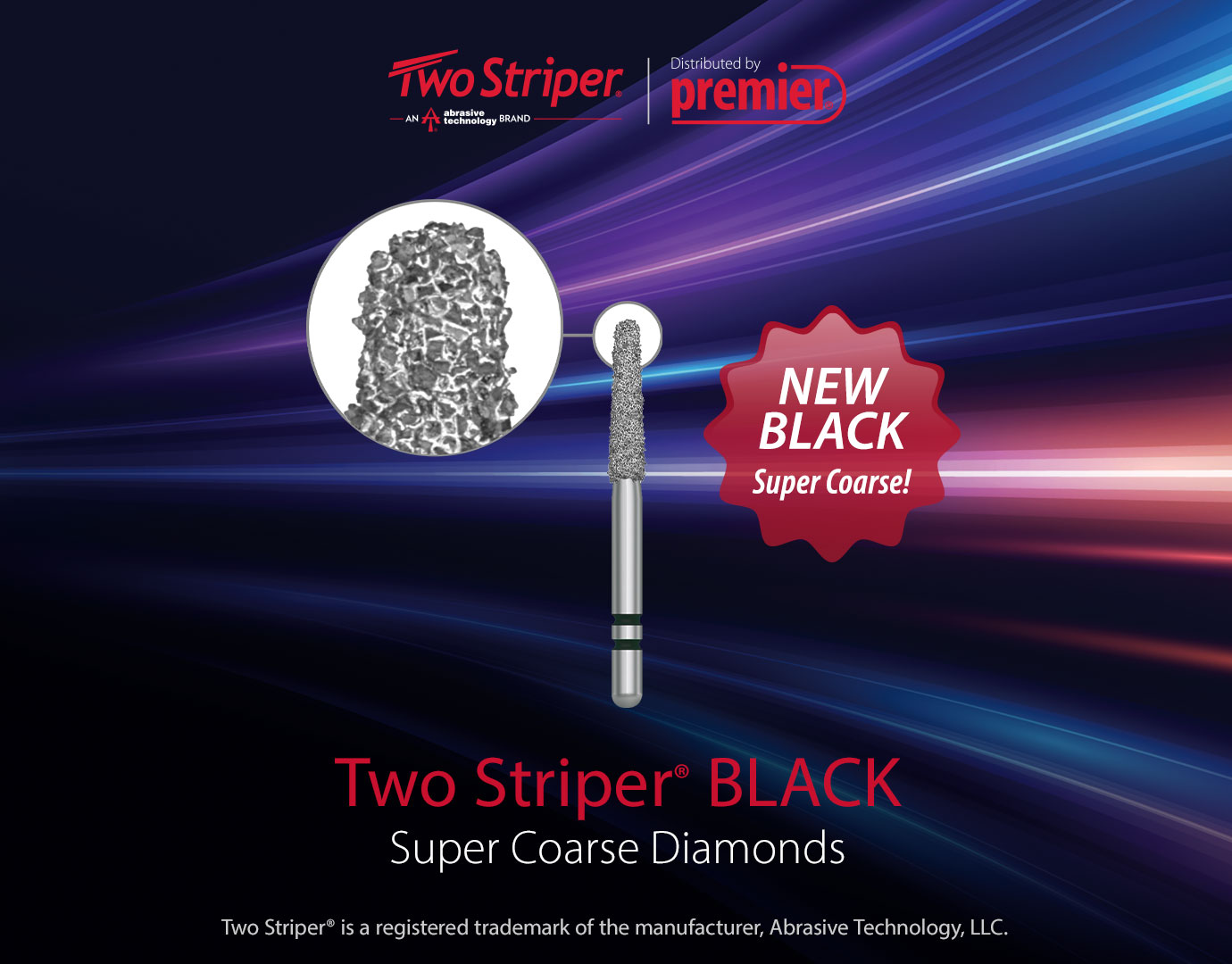Two Striper BLACK Super Coarse Ultra-Premium Diamond Burs distributed by Premier Dental